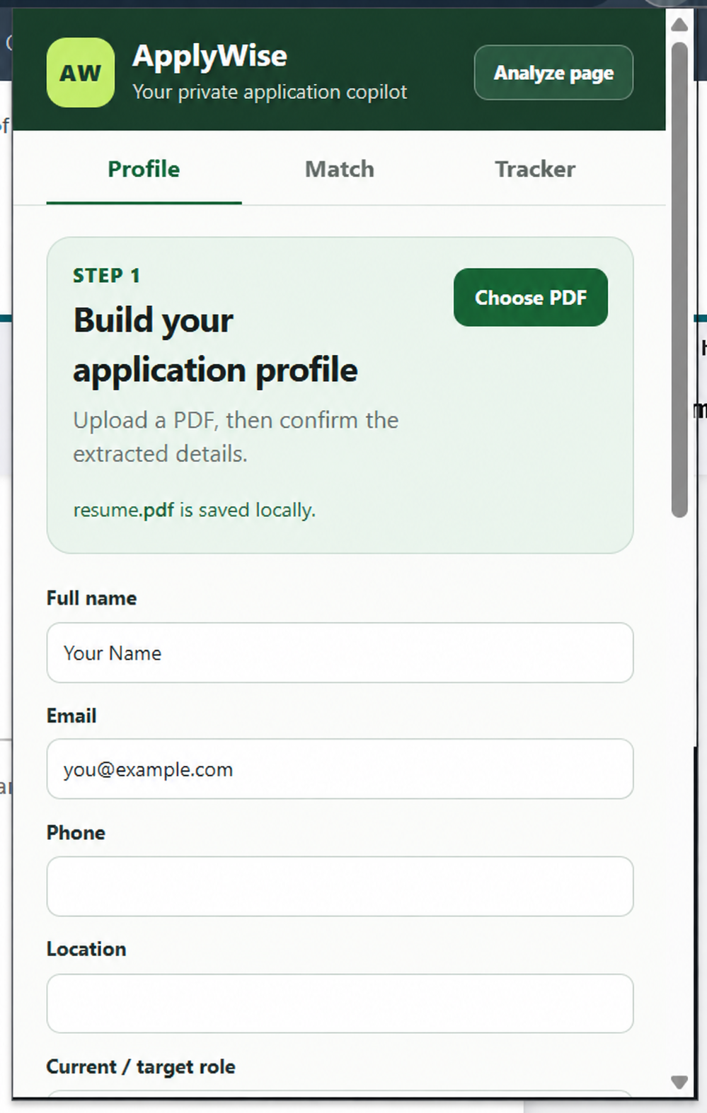 ApplyWise profile screen with sample information